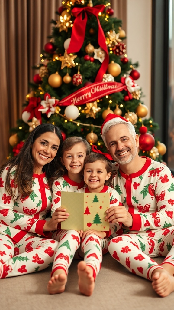 A joyful family in matching pajamas by a Christmas tree, holding a holiday card.